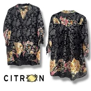 Citron Santa Monica Black Butter Yellow Silk Ornamental Flower Blouse Top SZ XS